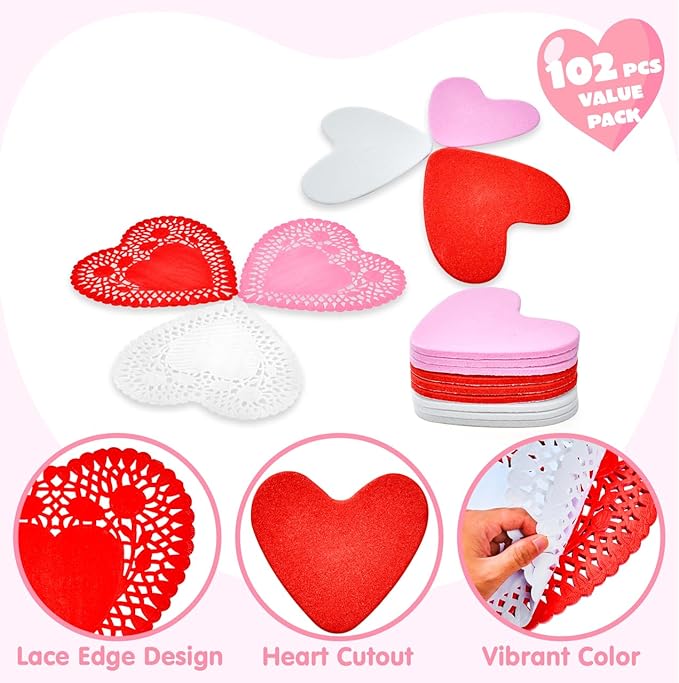 JOYIN 102 PCS Valentines Day Glitter and Foam Heart Doilies, Tableware Decoration, Home Activitie, Red White Pink Heart Doilies, Kitchen Disposable Table Crafts