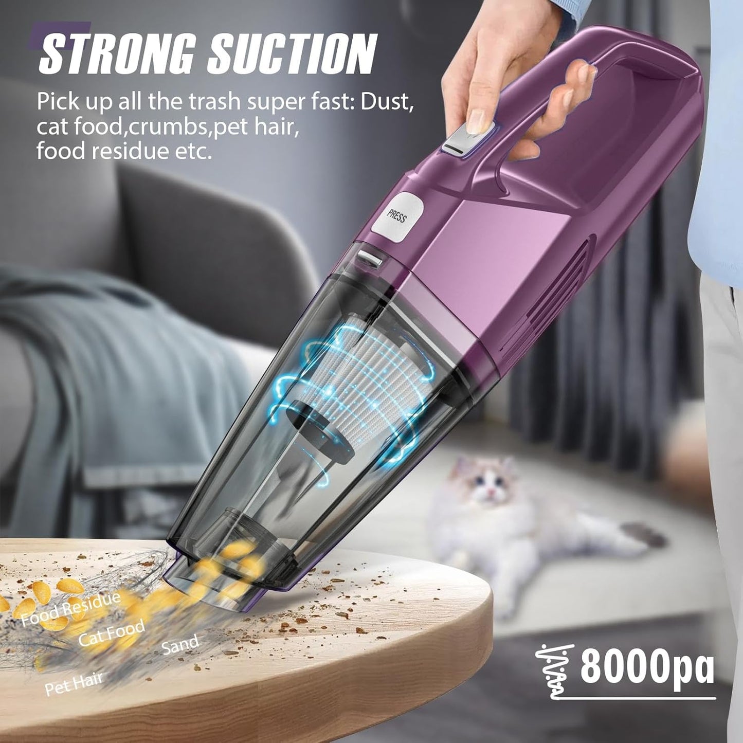 Handheld Vacuum Cordless – Car Vac Portable with 8KPA & Multi Accessories & Low Noise, Lightweight Hand Held Vacuum Cordless Rechargeable for Car/Home/Dust/Pet Hair, Mine Portable Vacuum