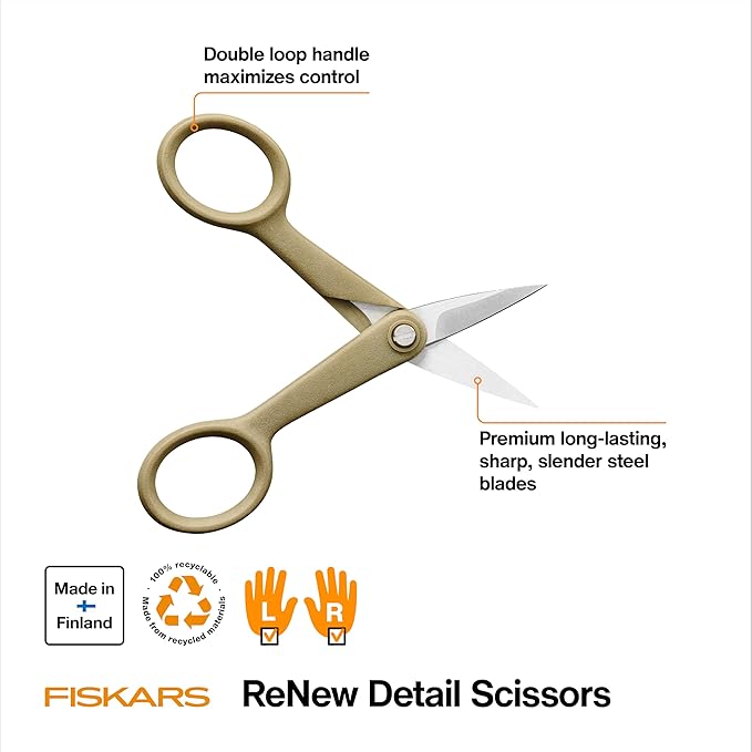 Fiskars 4" Recycled Fabric Scissors - Sustainable, Sharp, Detail Craft Scissors for Embroidery and Sewing - Craft and Fabric Cutting - Beige