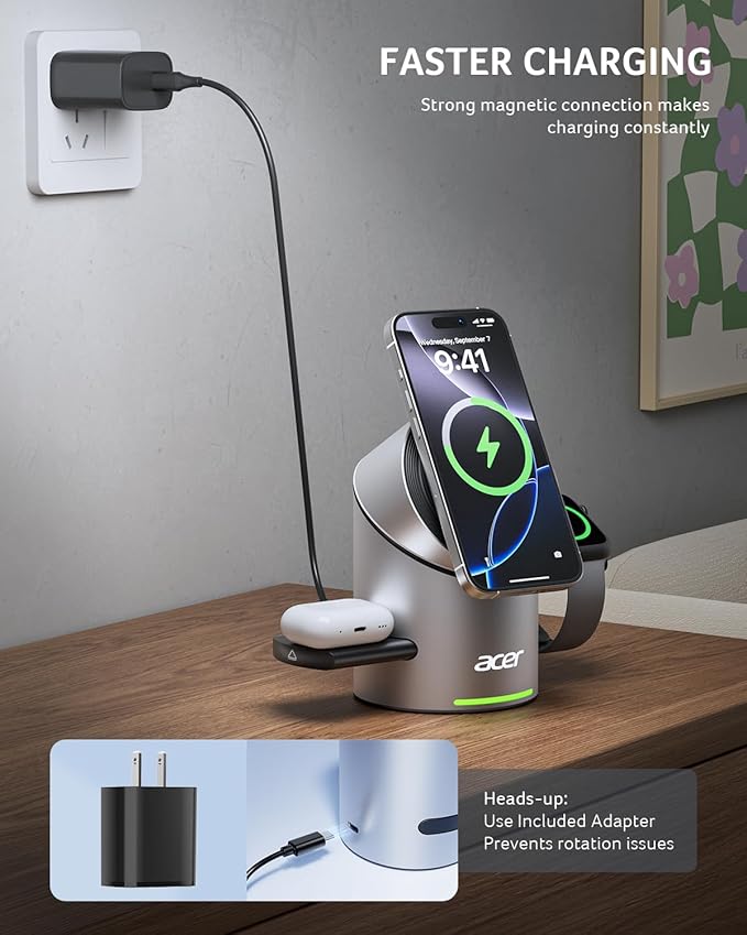 Acer Prime 3 in 1 Charging Station for Apple - Qi2 15W iPhone Wireless Charging Station, Magsafe Charger Stand for iPhone 17 16 15 14 13 12 - Apple Watch - Airpods Series (Charger & USB-C Included)