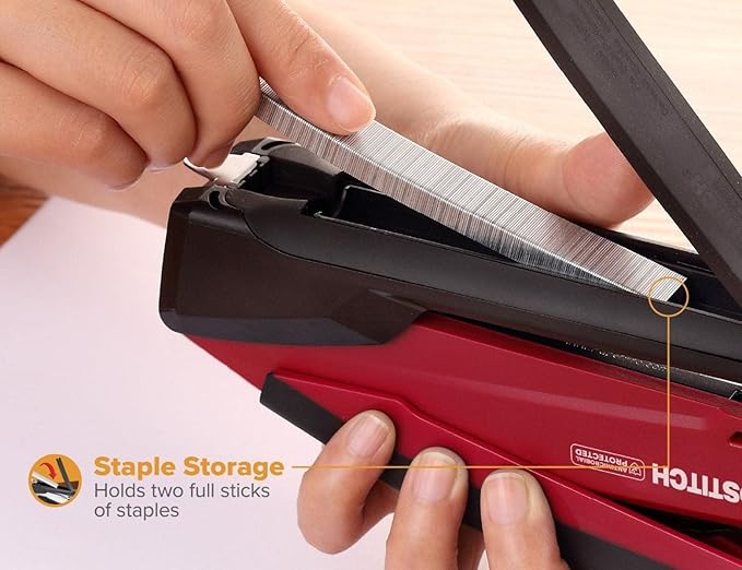 Bostitch Office Executive 3 in 1 Stapler,Includes 210 Staples and Integrated Staple Remover,One Finger Stapling,No Effort,20 Sheet Capacity,Spring Powered Stapler,Red,(Pack of 10)