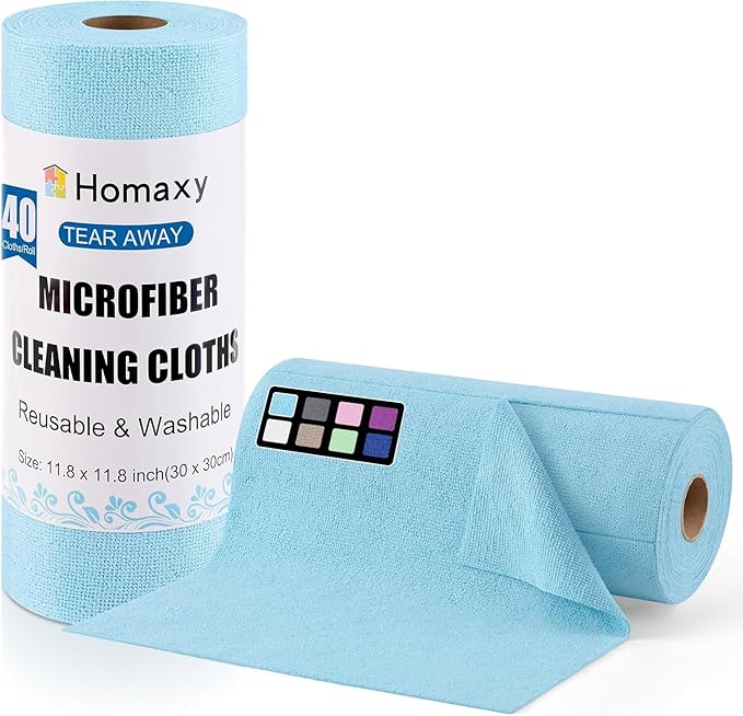 Homaxy Tear Away Dish Cloths Rolls, 40 Sheets-11.8" X 11.8", Reusable Washable Dish Towels for Kitchen, Ultra Absorbent and Quick Drying Microfiber Cleaning Rags, Aqua