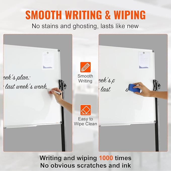VEVOR Rolling Magnetic Whiteboard, Double-Sided Mobile Whiteboard 36x24 Inches, 360° Reversible Adjustable Height Dry Erase Board with Wheels & Movable Tray for Office, School