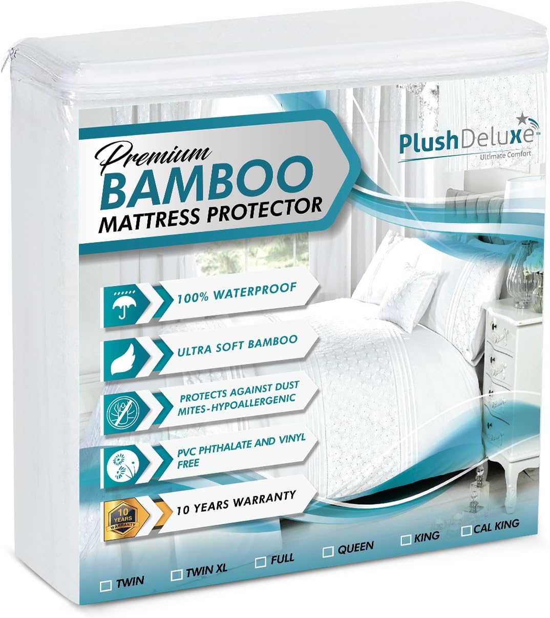 PlushDeluxe Premium Bamboo Mattress Protector – Twin Size, Waterproof, & Ultra Soft Breathable Noiseless Washable Bed Mattress Cover for Comfort & Protection - White