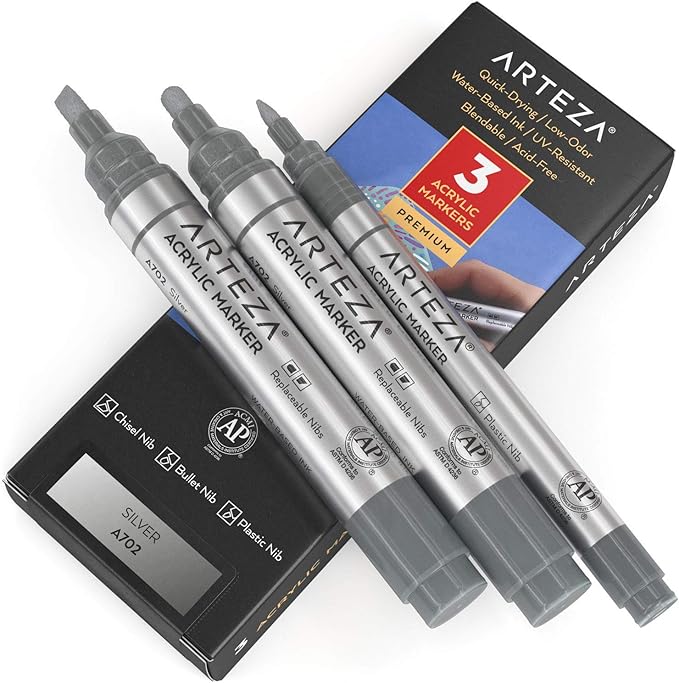 ARTEZA Acrylic Paint Markers, Pack of 3, A702 Silver, 1 Thin and 2 Thick, Chisel + Bullet Nib, Paint Pens for Canvas, Rock, Glass, Wood