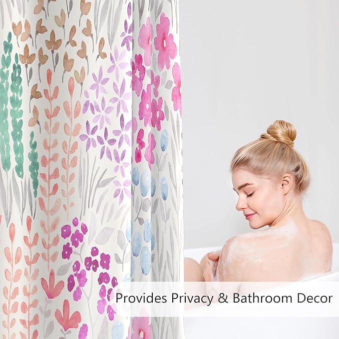 Long Shower Curtain 72 x 78 Inch, Tall Cute Floral Shower Curtain for Bathroom, Hot Pink Wildflower Boho Cottagecore Fabric Shower Curtain Set with Hooks