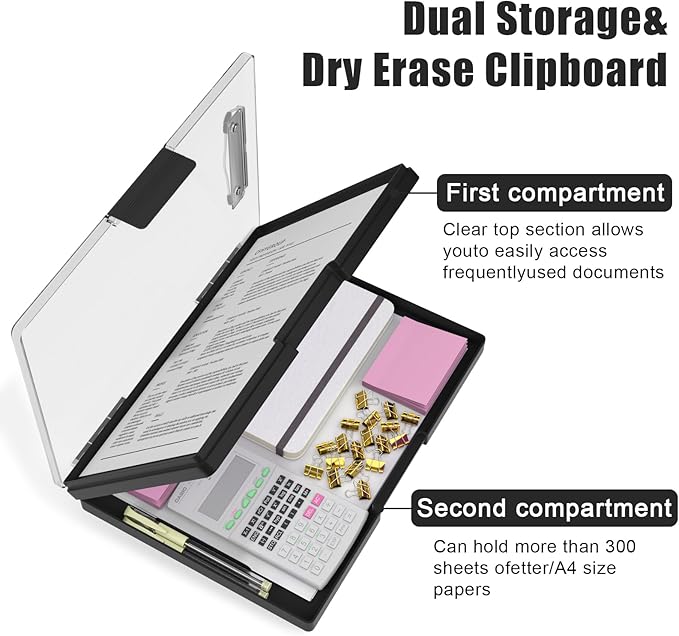 Hongri Clipboard with Storage, Black 8.5 x 11 Folder Nursing Side Opening, Heavy Duty with Dual Compartment, Smooth Writing for Teachers, Classroom, Size 13.3 x 9.4 x 1.5 in, Office & School Supplies