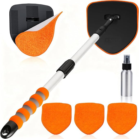XINDELL Windshield Cleaner Tool, Car Interior Glass Cleaning Kit with 360° Rotating Head Extendable Handle, Reusable Microfiber Pads, Auto Detailing Windshield Cleaning Tool for Cars Trucks -Orange