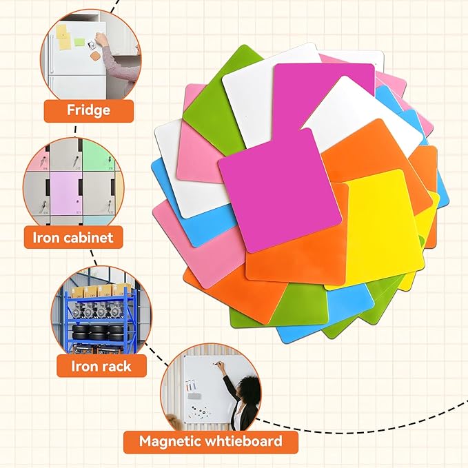 Reusable Magnetic Sticky Notes,3”x3”,24Pack,Dry Erase Magnets Magnetic Labels,Bright Colors Magnet Sheets,Easy to Post for Fridge,Whiteboard,Locker