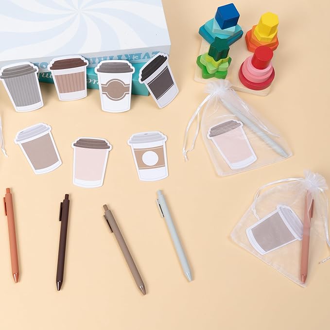 Xqumoi Coffee Cup Sticky Notes with Pen Gift Set - 24 Set Coffee Self Sticky Writing Memo Pads Ballpoint Pens with Mesh Bag Birthday Party Favors School Classroom Rewards Office Supplies