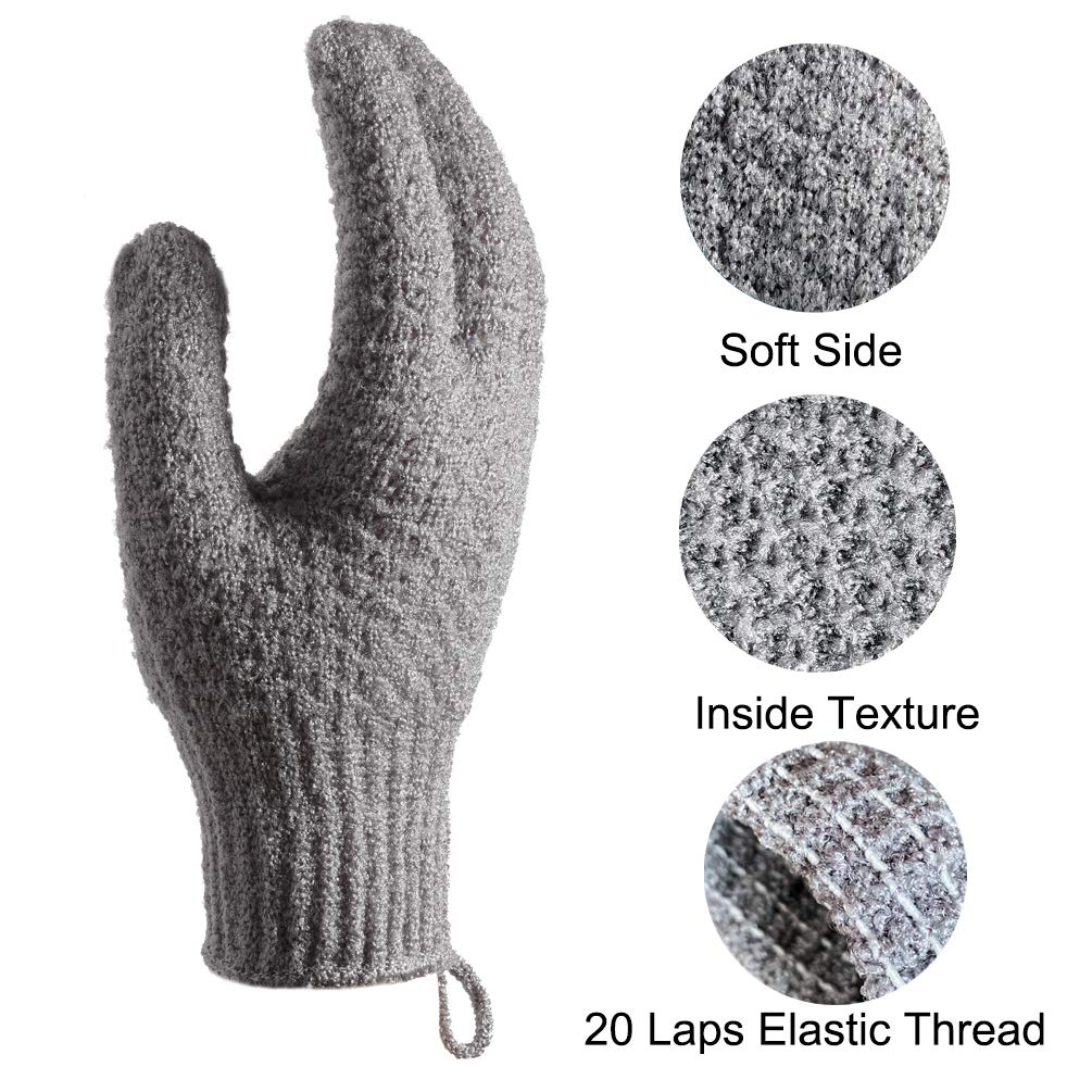 Bath Exfoliating Gloves - 4 Pcs Lengthened and Large Scrubbing Gloves for Shower, Spa, Massage - Scrub Mitts for Body, Face, Hand and Foot (Black and Gray)