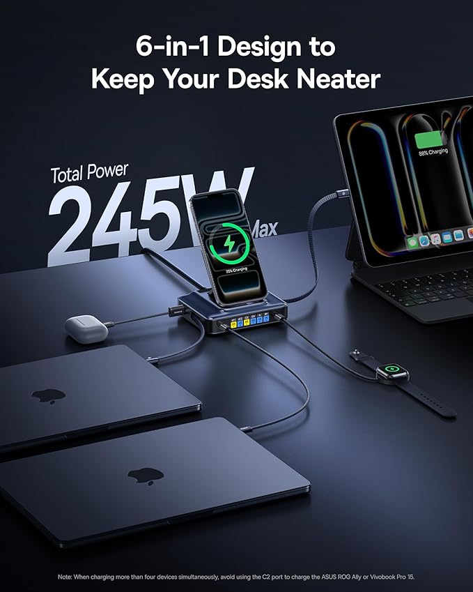 Baseus Nomos Charging Station 245W, 6-in-1 USB-C Power Strip, Qi2 Certified 15W Magnetic Wireless Charger with Dual 100W Retractable Cable, 4 USB-C, 1 USB-A Desktop Charger for MacBook, iPhone 17