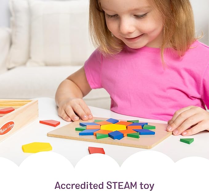 Melissa & Doug Pattern Blocks and Boards with 120 Multi-Colored Wooden Shape Tiles, 5 Double-Sided Puzzle Boards, Tangram Puzzles, Montessori Toys for Girls & Boys