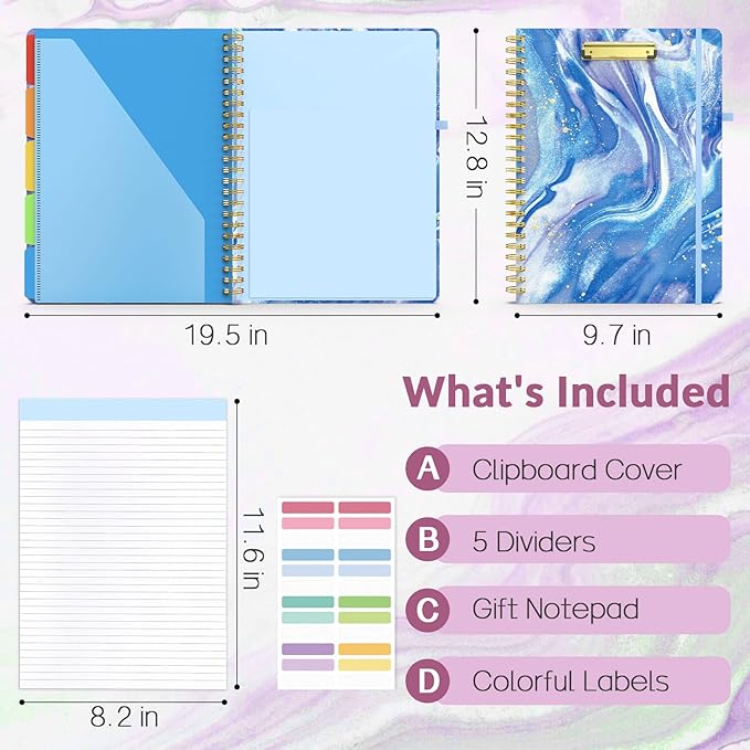 Sooez Clipboard Folio with Refillable Notepad, Folder with 10 Storage Pockets for Letter Size, Spiral Clipboard Notebook, Cute Portfolio for School, Office & Nursing