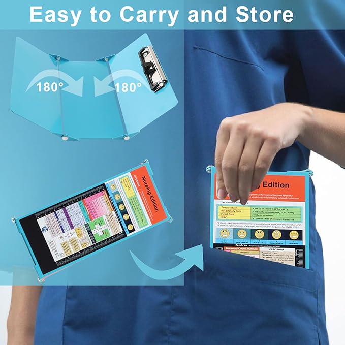 Nursing Clipboard Foldable Clipboard Pocket Size:Nursing Edition Cheat Sheets Aluminum 3 Layers Foldable Clipboard Nursing Nurse Clipboard Foldable fits in Nurses Doctors (Blue)