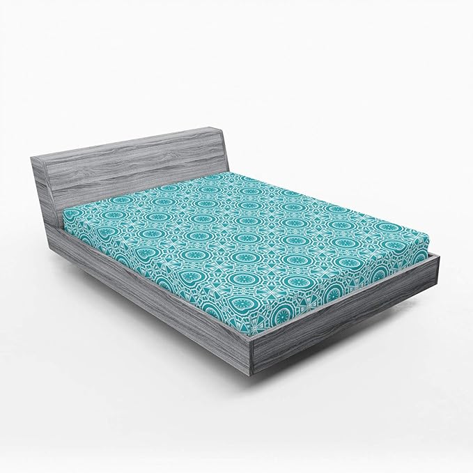 Ambesonne Boho 2 Pack Fitted Sheet, Modern Mandala Effect Pattern, Bed Cover All-Round Elastic Deep Pockets 2 Pieces, Package Contains 2 Full Size Fitted Sheets, Dark Seafoam and White