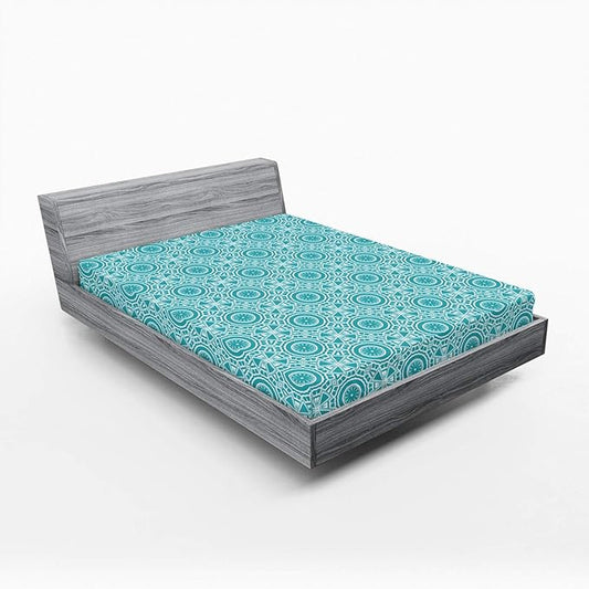 Ambesonne Boho 2 Pack Fitted Sheet, Modern Mandala Effect Pattern, Bed Cover All-Round Elastic Deep Pockets 2 Pieces, Package Contains 2 Full Size Fitted Sheets, Dark Seafoam and White