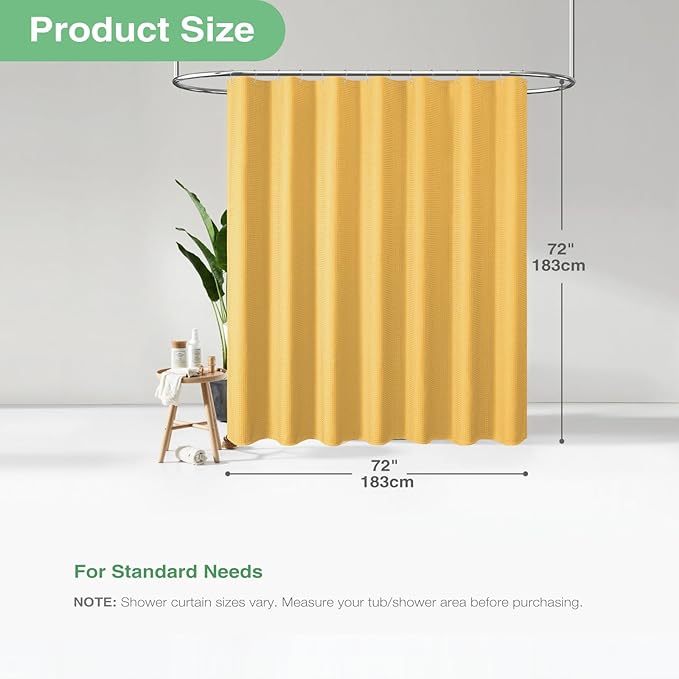 Dynamene Gold Fabric Shower Curtain - Waffle Weave Textured Heavy Duty Cloth Shower Curtains for Bathroom, 256GSM Hotel Luxury Weighted Bath Curtain Set with 12 Hooks,72x72, Gold