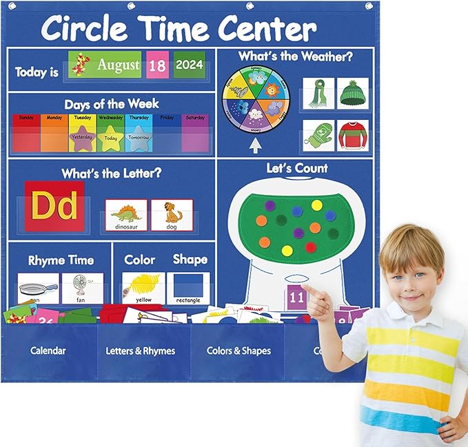 Boczif Circle Time Learning Center Pocket Chart for Classroom, Educational Teaching Materials Learning Calendar Weather Number Counting Letter Color Shape Wording Rhyme Pictures (Blue)