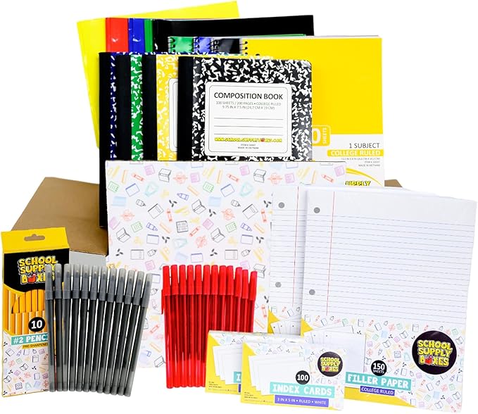 High School Writing Bundle | 1 Box - 51 Pieces per Box | School Supply Boxes - Back to School Essentials | Includes Composition Books, Loose Leaf Paper, Index Cards, 12 ct. Pens & More