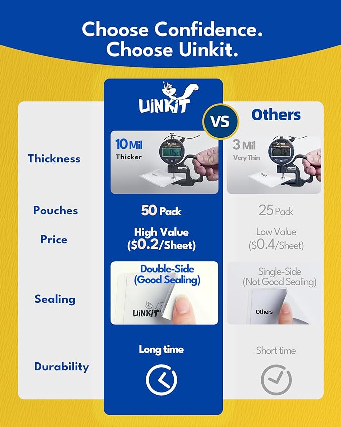 Uinkit 10mil Thicker Self Sealing Laminating Pouches Business Card Size, for 2.6x3.9" Cards, Ultimate for Restaurant IDs, School Badges, Event Credentials - No Laminator (110-Pack Bulk)
