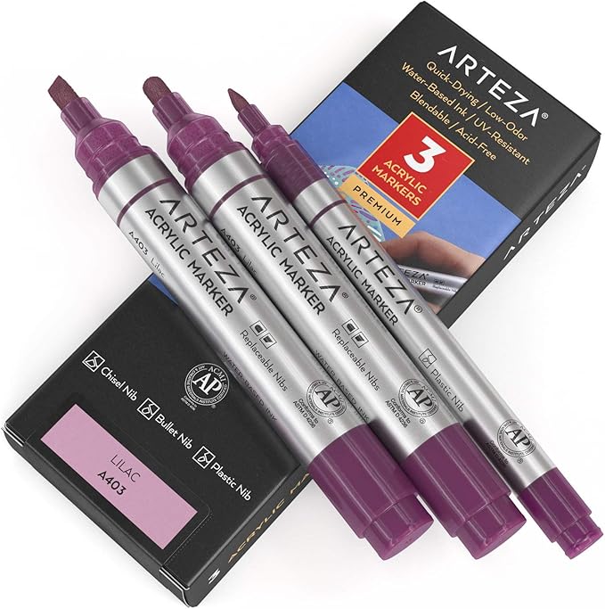ARTEZA Acrylic Paint Markers, Pack of 3, A401 Lilac, 1 Thin and 2 Thick, Chisel + Bullet Nib, Paint Pens for Canvas, Rock, Glass, Wood