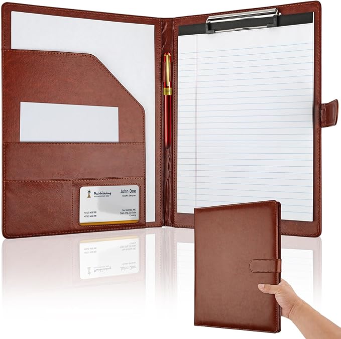 Professional Padfolio with Clipboard, Faux Leather Portfolio Folder Binder, Legal Pad Holder for A4 Letter Size Notepad, Resume, Writing Pad, Ideal Organizer for Business Office Conference (Brown)