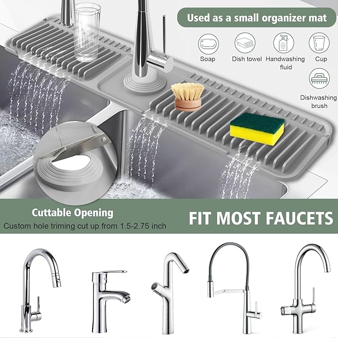 24-Inch Kitchen Sink Splash Guard Mat | 7° Slope for Fast Self-Draining | Snap-Lock Design | Universal & Cuttable Silicone Faucet Mat Gray