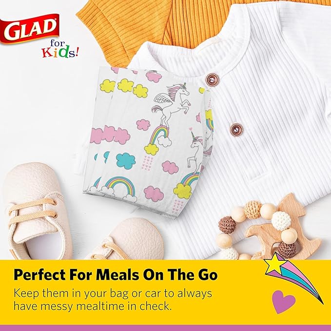 Glad for Kids Unicorn Disposable Paper Bibs with Crumb Catcher, Absorbent Leakproof Bibs for Toddlers and Babies, Mess Free Feeding, Crafts, Parties, and Travel Use, 30 Count - 24 Pack