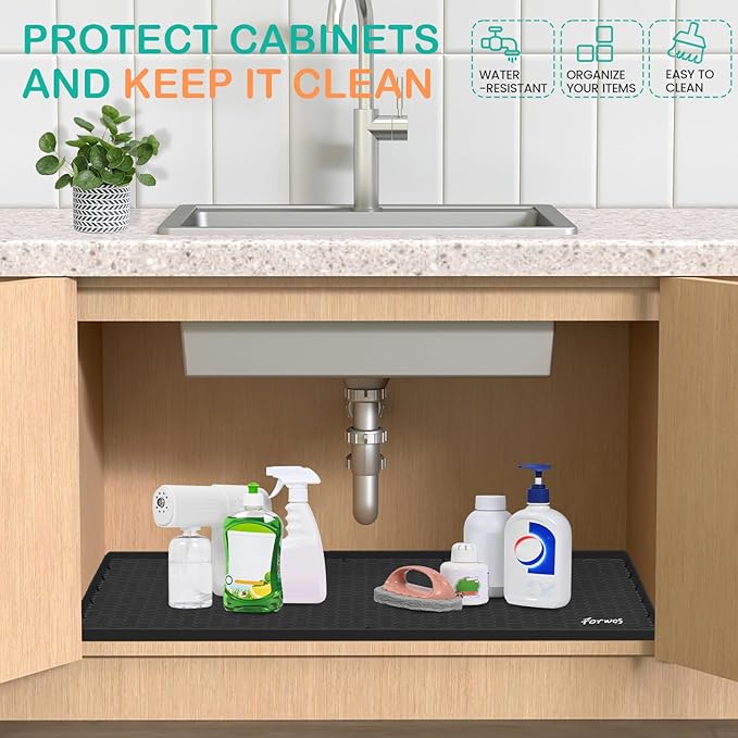 Waterproof Under Sink Mat 34" x 22", Silicone Cabinet Liner, Rubber Protector for Kitchen and Bathroom, Keeps Cabinets Clean, Dry, and Organized (Black)