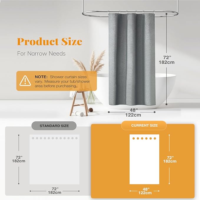BTTN Stall Fabric Shower Curtain - 48x72 Inch Narrow Linen Textured Heavy Duty Shower Curtain Set with 8 Plastic Hooks, Hotel Spa Luxury Small Neutral Waterproof Bath Curtains for Bathroom - Gray/Grey