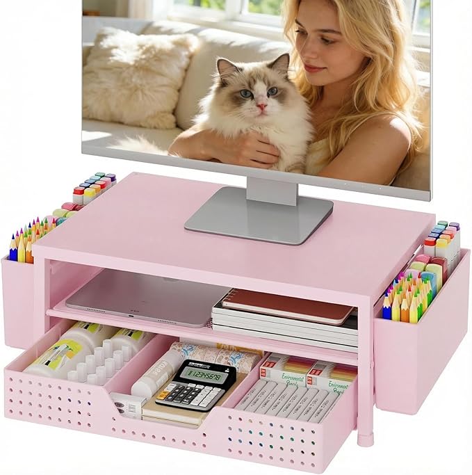 OPNICE Desk Organizers and Accessories, 2-Tier Computer Monitor Stand Riser with Drawer and 2 Pen Holders, Laptop Stand, Office Desk Accessories for Office Supplies, Pink