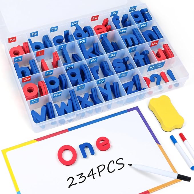 LovesTown Magnetic Alphabet Letters Kit for Kids, Double Sided Magnetic Board with Storage Box, Educational Learning Toys for Preschool Classroom and Home, 234 Pieces