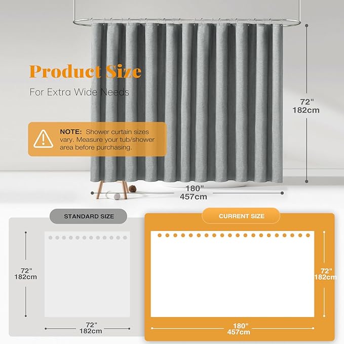 BTTN Extra Long Fabric Shower Curtain - 180x72 Inch Linen Textured Heavy Duty Tall Cloth Shower Curtain Set with 32 Plastic Hooks, Large Hotel Luxury Polyester Shower Curtains for Bathroom, Gray/Grey