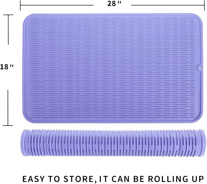 Silicone Dish Drying Mat for Multiple Usage,Easy clean,Eco-friendly,Heat-resistant Silicone Mat for Kitchen Counter or Sink,Refrigerator or Drawer Liner Light Purple 3XL 28 inches x 18 inches