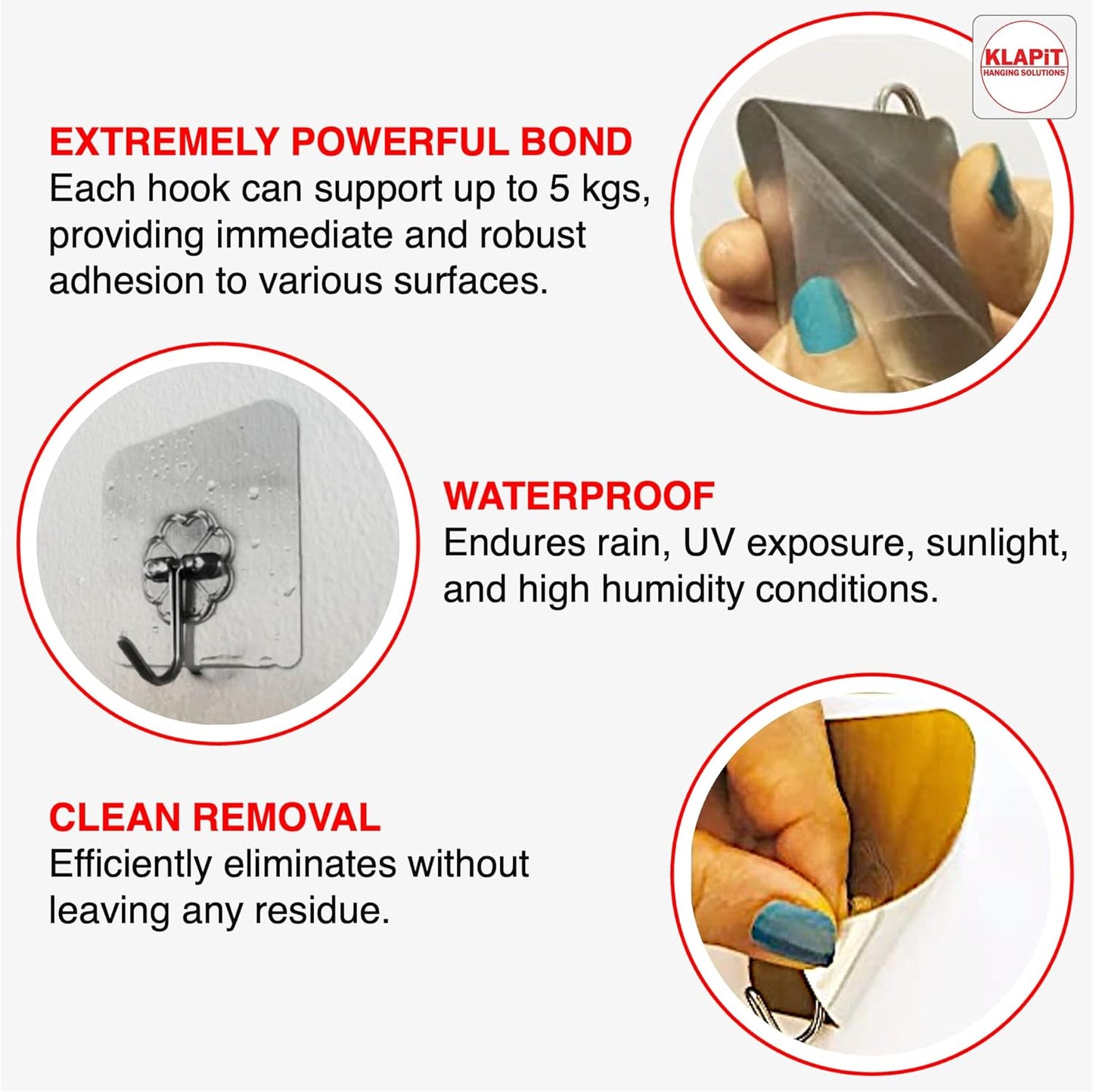 KLAPiT Super Hook - Heavy-Duty Adhesive Wall Hooks, Holds Up to 11 lbs, Waterproof, No Damage, Easy Install on Tile, Wood, Stone, Glass & Metal - Made of Steel (Silver, 8pc)