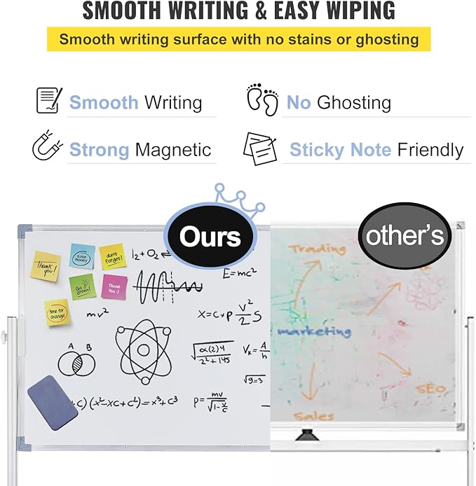 VEVOR Mobile Magnetic Whiteboard, 36 x 24 Inch, Double Sided, 360 Degree Reversible Rolling Dry Erase Board, Height Adjustable with Aluminum Frame and Lockable Swivel Wheels, for Office School Home
