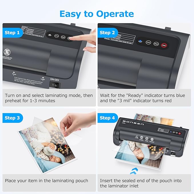 BONSEN A4 Laminator Machine, 9.33-Inch Thermal Laminator with Never Jam Technology, 100 Laminating Sheets, Laminates Photos Cards Documents, 4-in-1 Personal Laminators for Teachers Home Office School