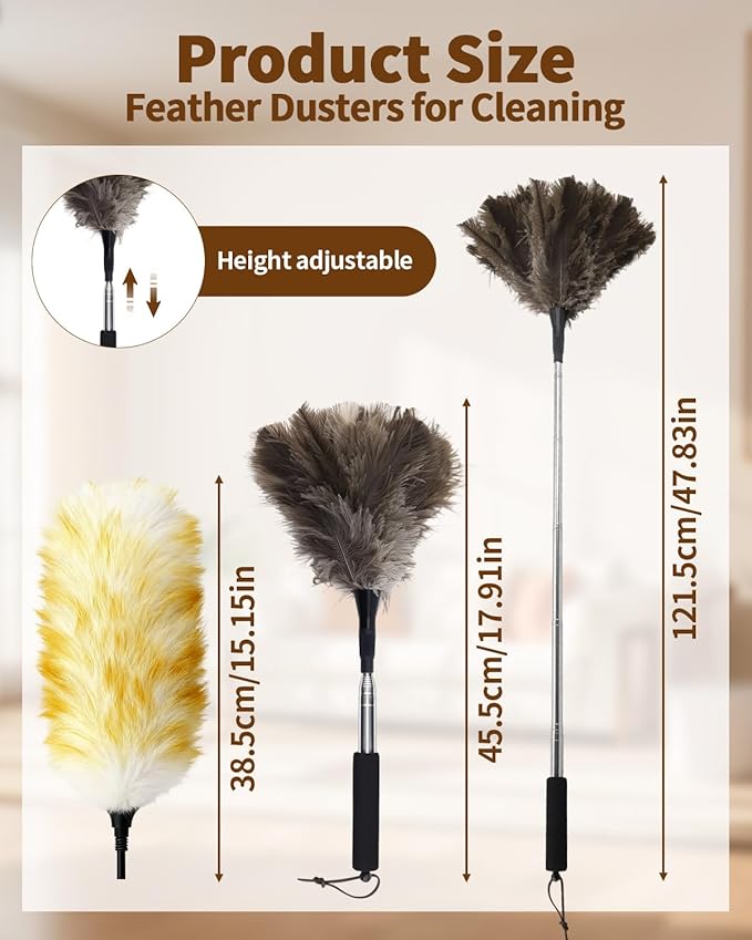 Extendable Ostrich Feather Duster with Bonus Wool Feather Duster Head - Natural Fluffy Non-Slip Handle Feathers Dusters for Cleaning Ceiling Fans, Blinds, Roof Dusting, High Surfaces (18-48 in)