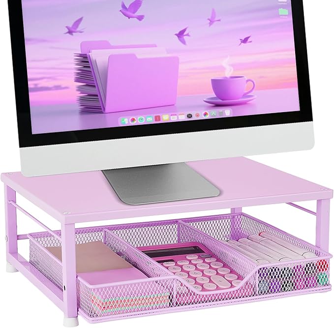 Small Laptop Stand for Desk, Monitor Stand, Office Desk Accessories, Computer Desktop Stand with Drawer for Home, Office, School (Purple)