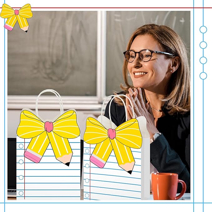 Kolldenn Teacher Gift Bags Composition Paper Bags with Handles Notebook Line Teacher Appreciation Graduation Gifts Bag for Kindergarten Preschool End of Year Party Favors Wrapping(24 Pcs,Notebook)