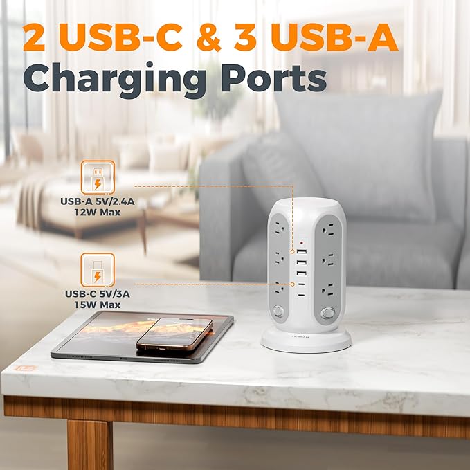 TESSAN 15 ft Extension Cord Tower Power Strip, 4 Individual Switches with 12 AC Outlets, 5 USB Ports (2 USB C), Surge Protector Flat Plug, Long Extension Cord with Multiple Outlets for Office, Dorm