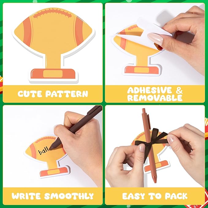 Xqumoi Football Sticky Notes with Pen Gift Set - 24 Set Football Sport Self Sticky Writing Memo Pads Ballpoint Pens with Mesh Bag Birthday Party Favors School Classroom Rewards Office Supplies