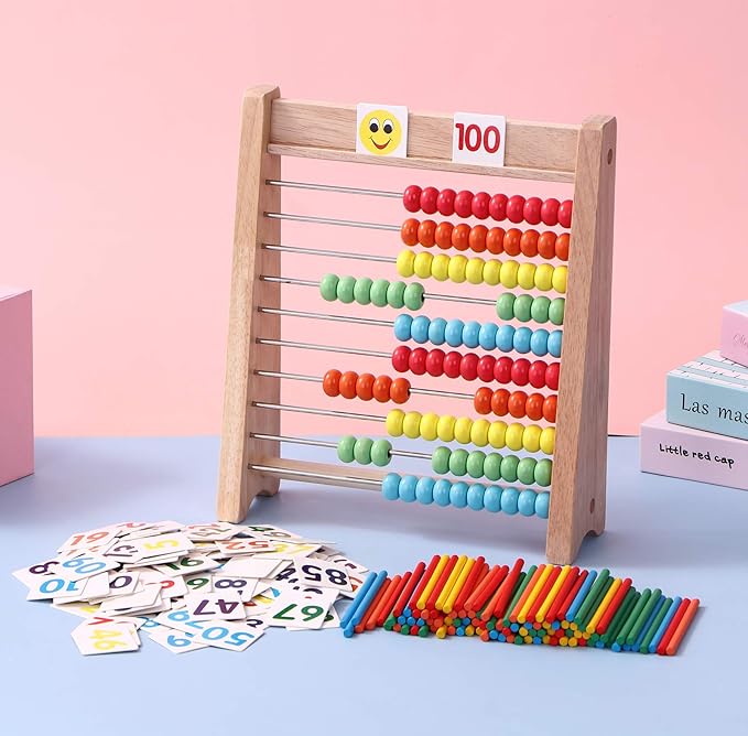 Wooden Abacus for Kids - 100 Counting Sticks and Number Toys Cards 1-100, Educational Math Games for Preschool and Elementary School 1st 2nd Grade
