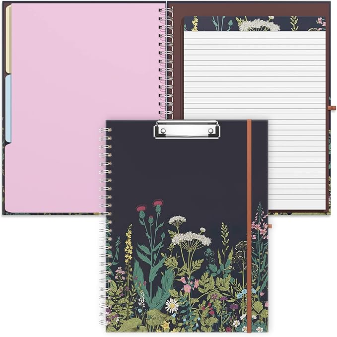 Rimilak Spiral Clipboards Folio with Refillable Lined Notepad, 14.5 x 9.8 In, Hardcover Cover with 5 Interior Pockets, Elastic Band and Pen Loop Series. Cute Stylish Clipfolio, Daisy Flower