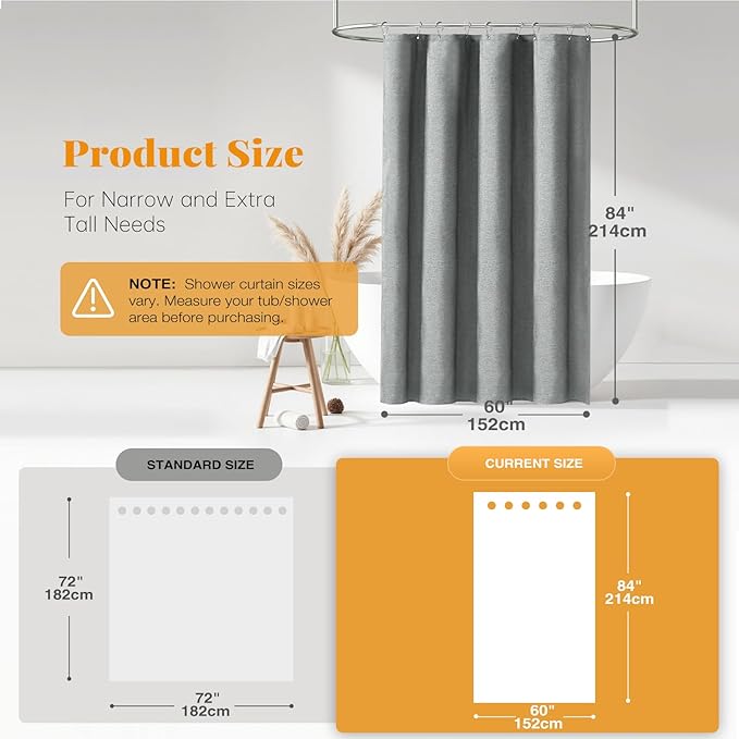 BTTN Stall Fabric Shower Curtain - 60x84 Inch Long Linen Textured Heavy Duty Shower Curtain Set with 10 Plastic Hooks, Narrow Spa Decorative Neutral Waterproof Shower Curtains for Bathroom, Gray/Grey