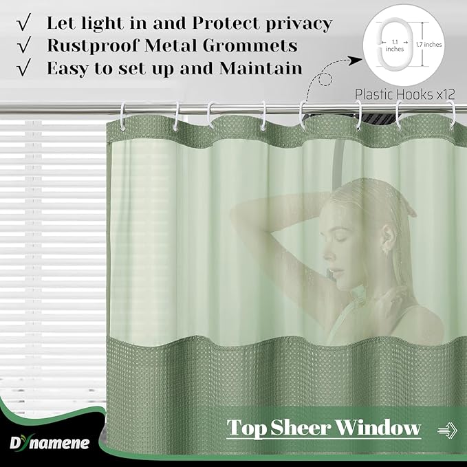 Dynamene Fabric Shower Curtain with Snap in Liner, Sage Green Waffle Hotel Shower Curtains for Bathroom, Washable Waterproof Cloth Shower Curtain Liner Set with Plastic Hook, Mesh Top Window, 72x72