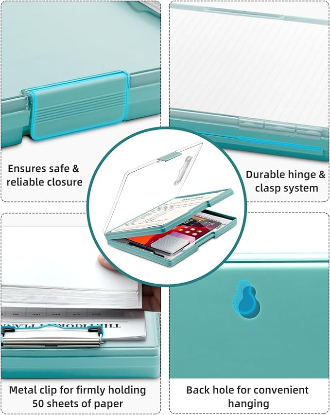 Clearview Clipboard with 2 Storage, Dry Erase 8.5x11 Heavy Duty ClipBoards - High Capacity Coaches Clip Board with Pen Holder - Side Opening Plastic Nursing Clip Case (Turquoise)