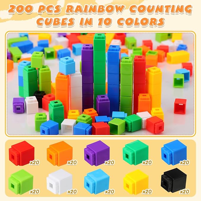 Jenaai 200 Pcs Math Cubes Counting Blocks Linking Connecting Cubes Math Manipulatives with Storage Container Educational Toy for Kids Age 4-8 Kindergarten STEM Activities Preschool(Orange)