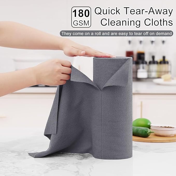 Homaxy Tear Away Dish Cloths Rolls, 40 Sheets-11.8" X 11.8", Reusable Washable Dish Towels for Kitchen, Ultra Absorbent and Quick Drying Microfiber Cleaning Rags, Grey